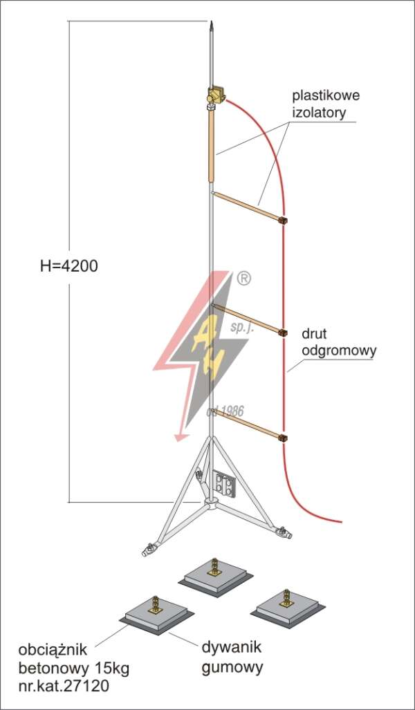 AH Hardt AH-28121 - Мачта горячего оцинкования, с изолированным громоотводом H=4200 mm, составной, тренога, утяжители 3x27120, (Ø 1,65 m) – 14,2 кг / 59,2 кг