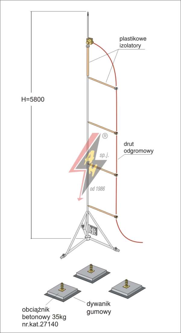 AH Hardt AH-28131 - Мачта горячего оцинкования, с изолированным громоотводом H=5800 mm, составной, тренога, утяжители 3x27140, (Ø 1,90 m) – 24,2 кг / 129,2 кг