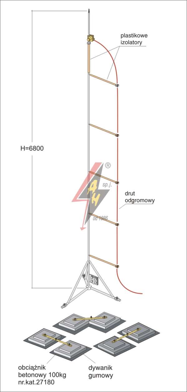 AH Hardt AH-28143 - Мачта, горячего оцинкования с изолированным громоотводом H=6800 mm, составная, тренога, утяжители 3x27180, (Ø 2,20 m) – 26,8 кг / 331,3 кг