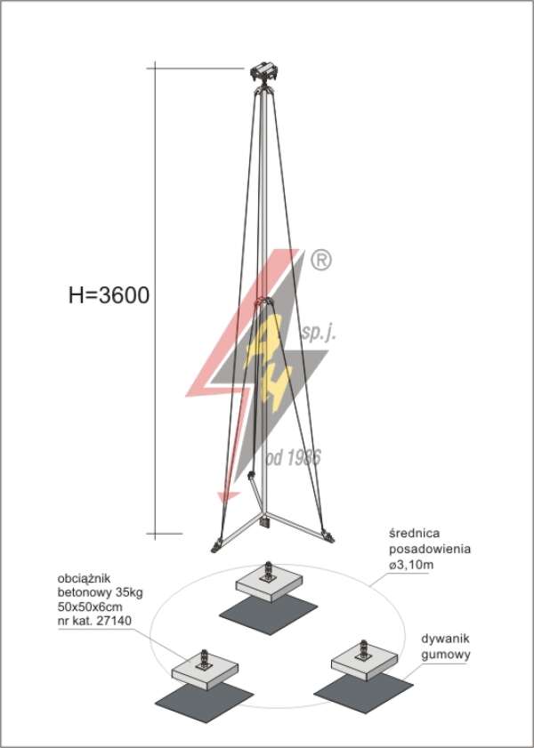 AH Hardt AH-28614 - Мачта молниеприемника, для воздуховода H=3600 mm, расстояние до 7 m, составная, тренога, утяжители 3x27140, (ś.p. Ø 3,10 m) – 4,8 кг / 109,8 кг
