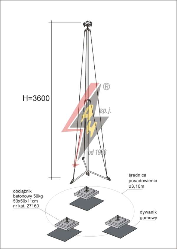 AH Hardt AH-28624 - Мачта молниеприемника, для воздуховода H=3600 mm, расстояние до 11 m, составная, тренога, утяжители 3x27160, (Ø 3,10 m) – 4,8 кг / 154,8 кг