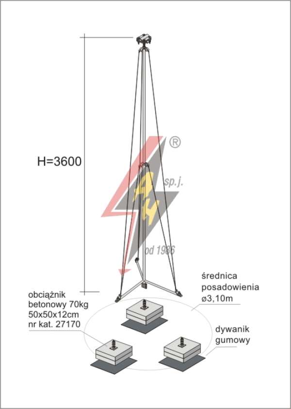 AH Hardt AH-28634 - Мачта молниеприемника, для воздуховода H=3600 mm, расстояние до 16 m, составная, тренога, утяжители 3x27170, (Ø 3,10 m) – 4,8 кг / 214,8 кг